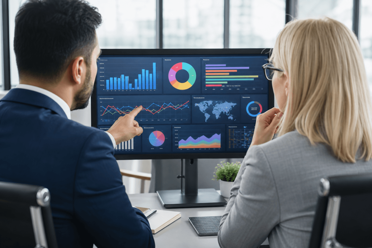 Two professionals reviewing data dashboards