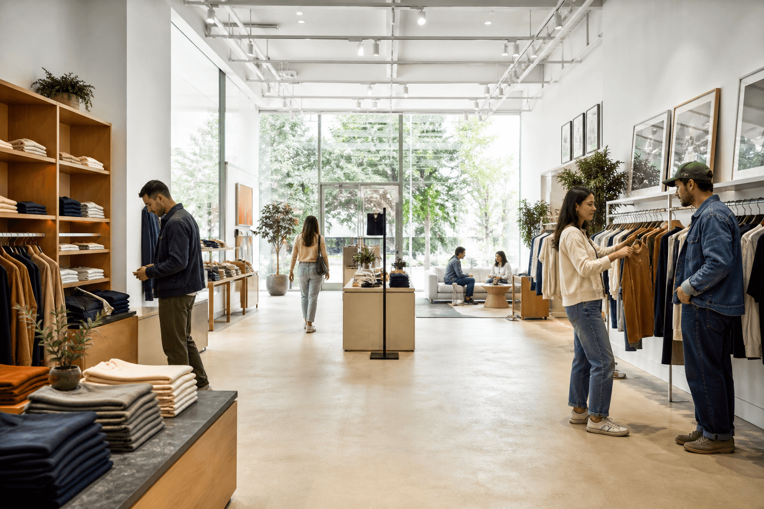 Modern retail store interior with customers browsing in bright daylight
